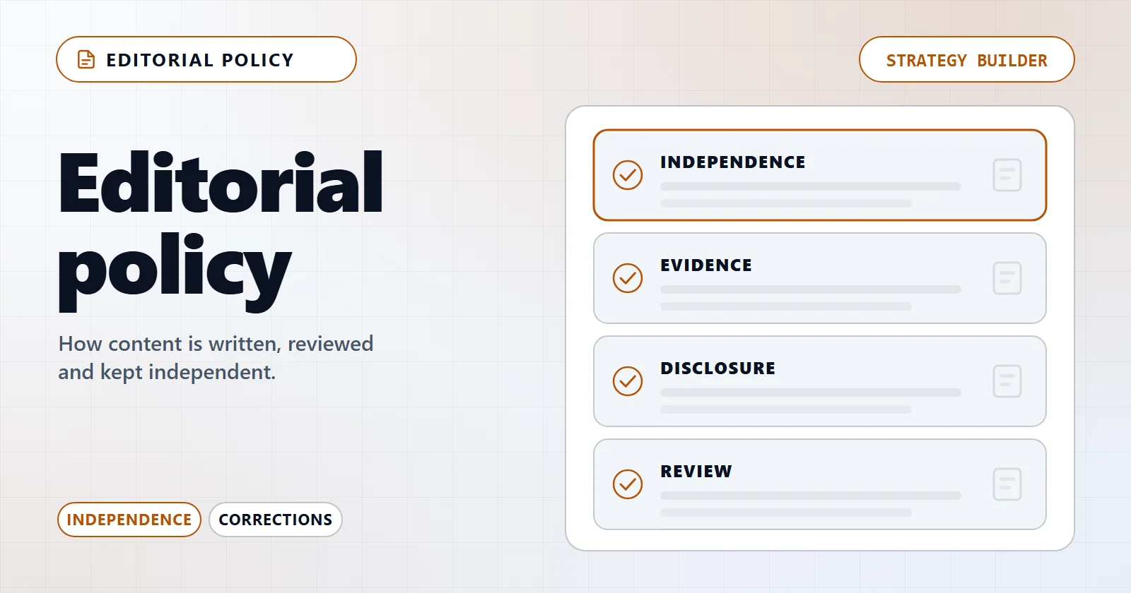 Editorial policy: independence, evidence, disclosure and review shown as a checklist