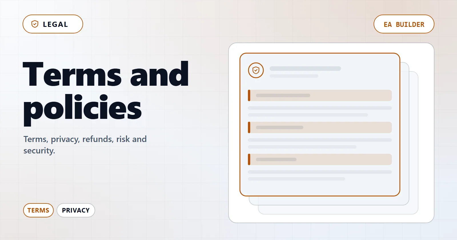 Legal documents: terms, privacy, refunds and risk shown as a stack of pages