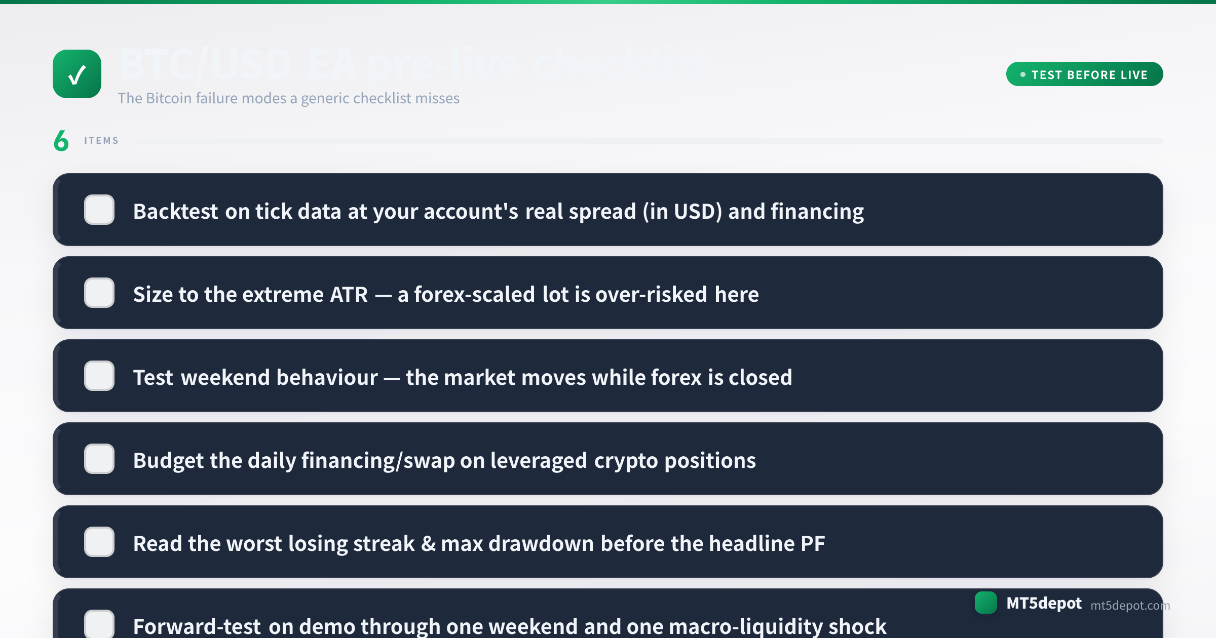 قائمة تحقق قبل التداول الحقيقي لروبوت BTC/USD تغطي الاختبار على بيانات التِك وتحديد الحجم ومرشِّح الجلسة والتراجع