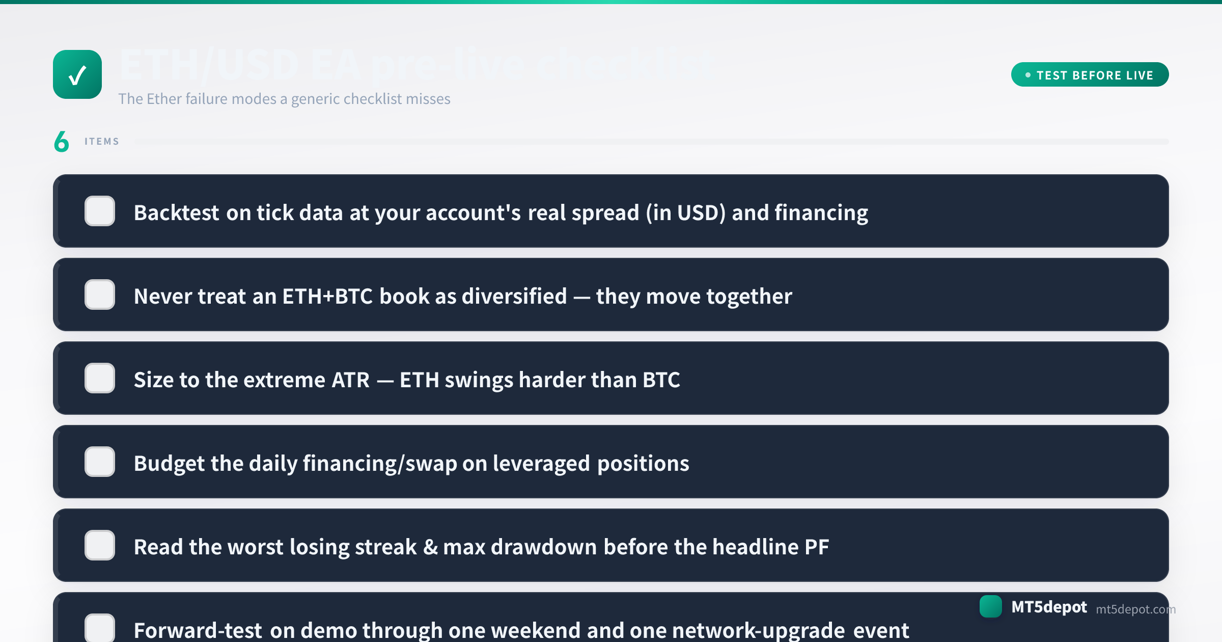 قائمة تحقق قبل التداول الحقيقي لروبوت ETH/USD تغطي الاختبار على بيانات التِك وتحديد الحجم ومرشِّح الجلسة والتراجع