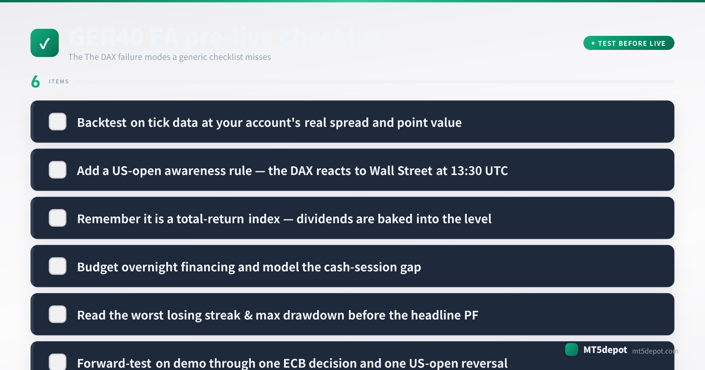 Lista de verificación previa a operar en real para un EA de GER40 que cubre el backtest con datos de ticks, el dimensionamiento, el filtro de sesión y el drawdown