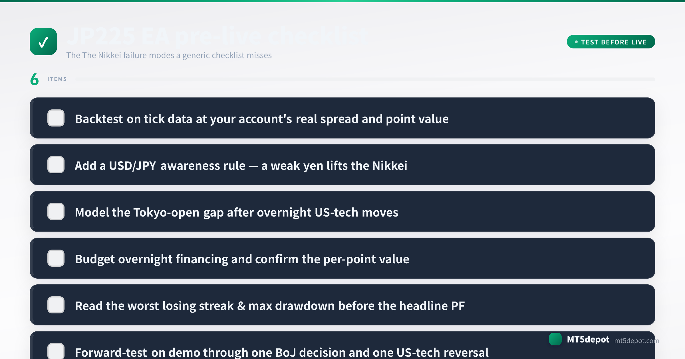 Checklist pre-reale per un EA su JP225 che copre backtest su dati tick, dimensionamento, filtro di sessione e drawdown