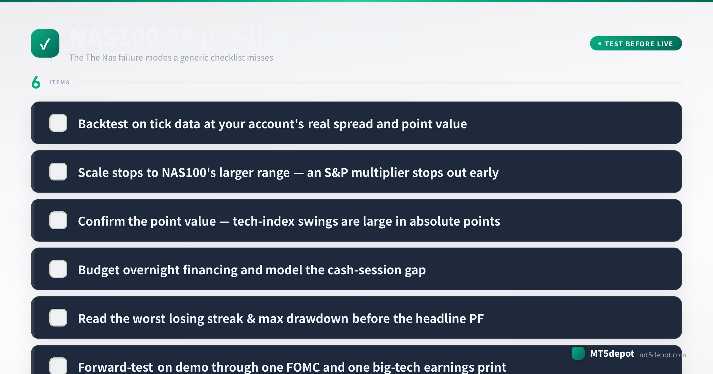 Checklist pra-live untuk EA NAS100 yang mencakup backtest tick-data, sizing, filter sesi, dan drawdown