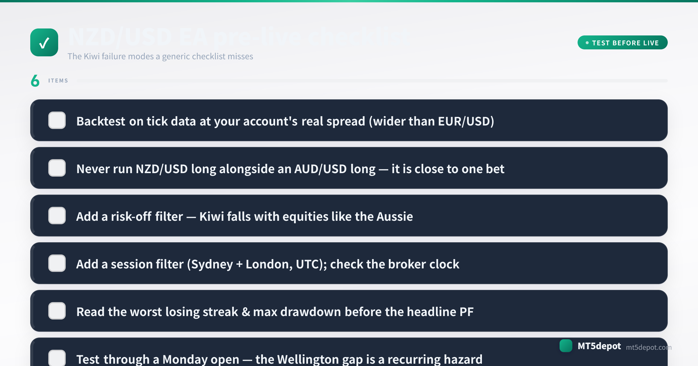 เช็กลิสต์ก่อนใช้งานจริงสำหรับ EA NZD/USD ครอบคลุมแบ็กเทสต์ข้อมูลติ๊ก การกำหนดขนาด ฟิลเตอร์เซสชัน และดรอว์ดาวน์
