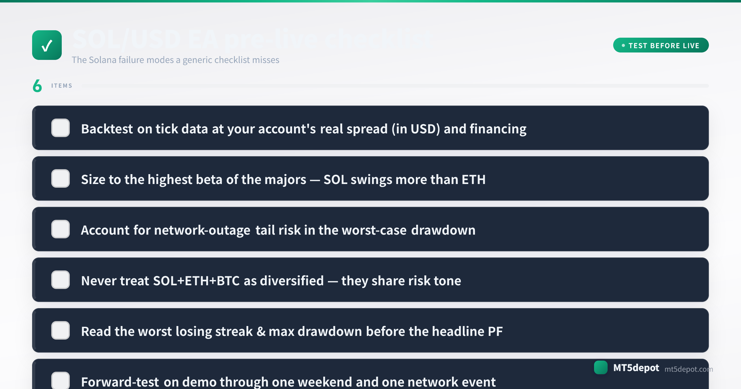 Lista de comprobación previa a real para un EA de SOL/USD que cubre backtest con datos de ticks, dimensionado, filtro de sesión y drawdown