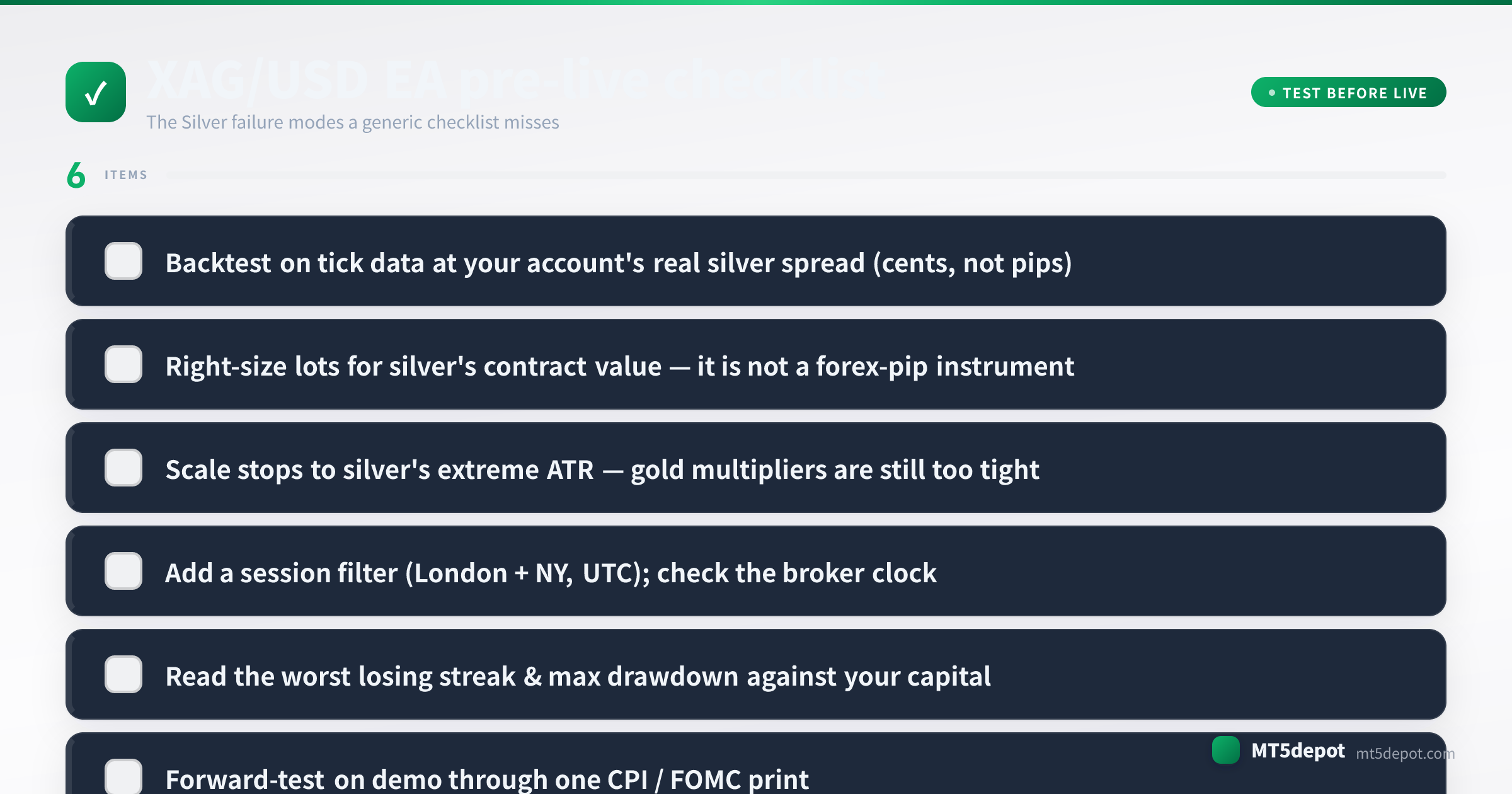 Vor-Live-Checkliste für einen XAG/USD-EA, die Tick-Daten-Backtest, Positionsgröße, Session-Filter und Drawdown abdeckt